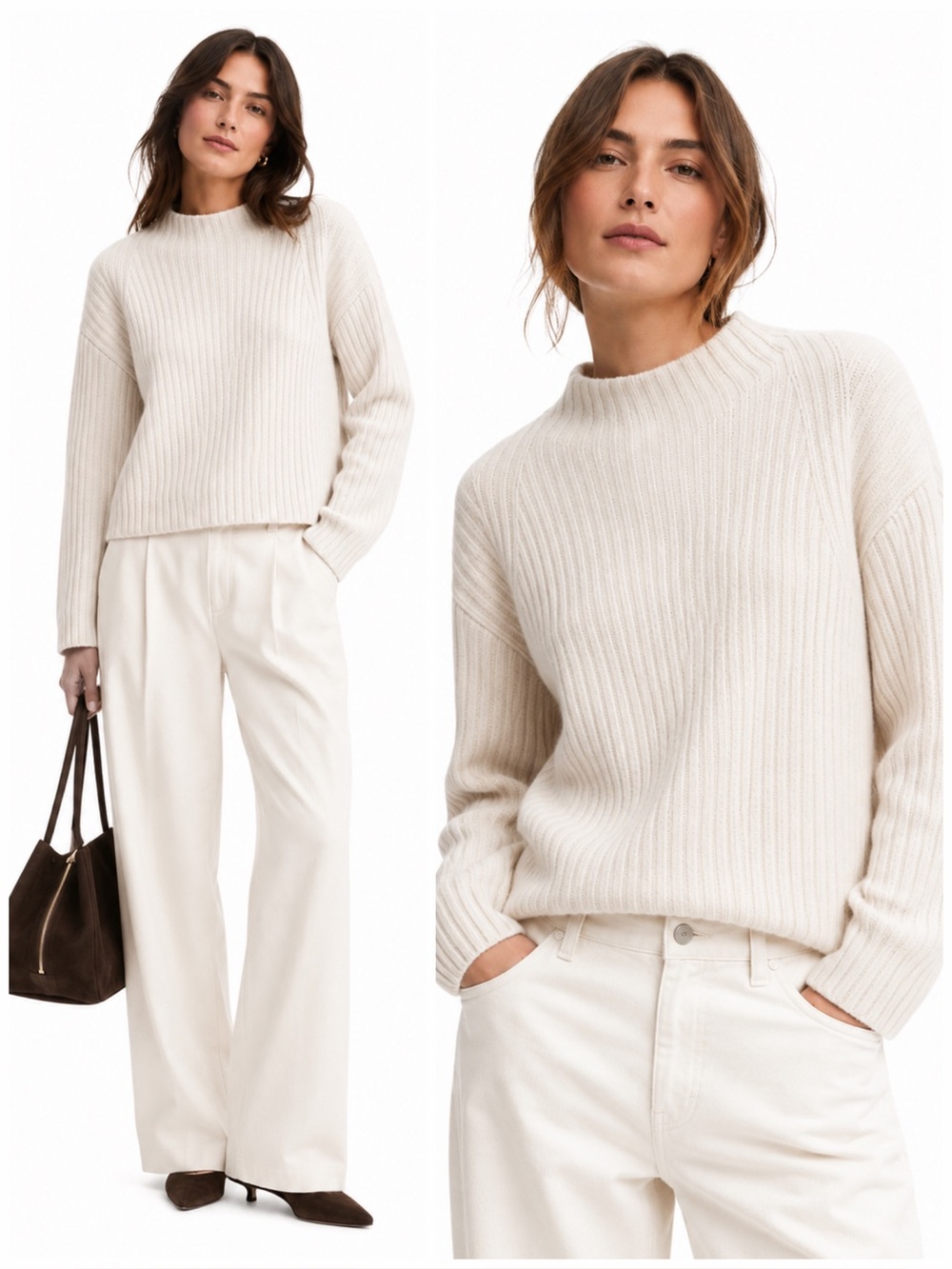Vince Wool Cashmere Rib Knit Mock Neck Sweater Ivory Boxy Pullover Large